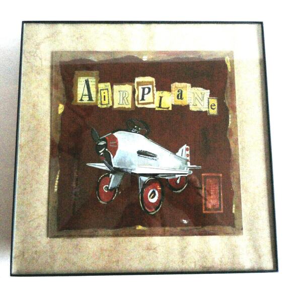 Set (4) Framed Art Boys Room Airplane Rocking Horse Red Wagon Tricycle Nursery - Picture 2 of 7